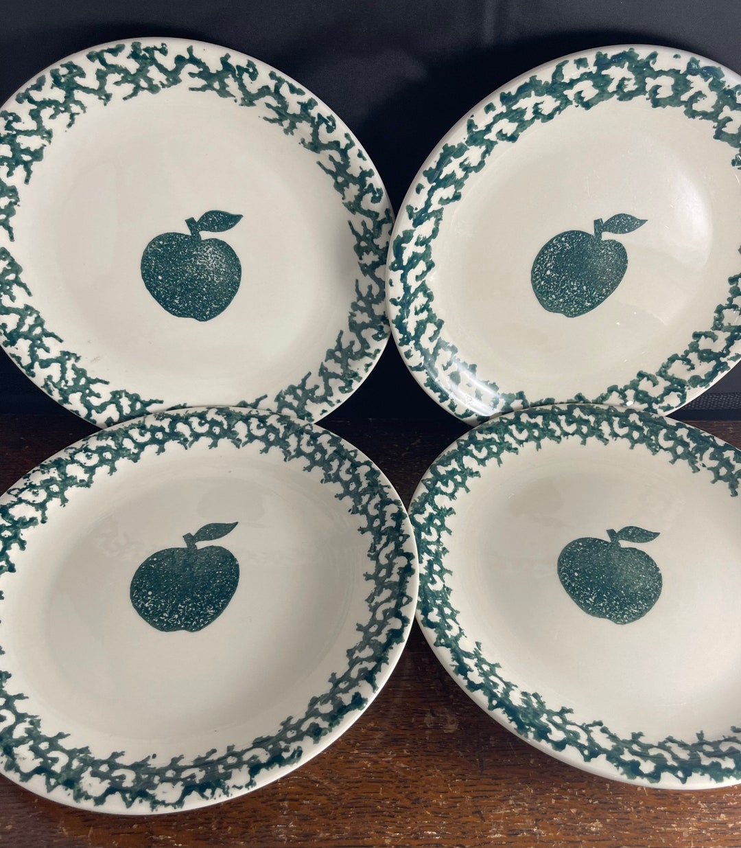 Sponge Ware Folk Craft Green Apple Set of 4 Salad Plates Tienshan Made