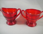 Ruby Red Moondrop Pattern Creamer and Sugar New Martinsville Glass