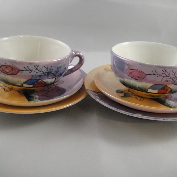 Lustreware Tea for Two Child's Size Cups, Saucers and Plates Japan