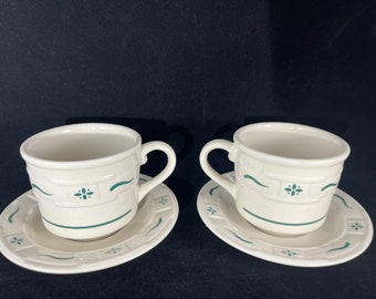 Longaberger Pottery Green Woven Traditions Pattern 2 Cups and Saucers