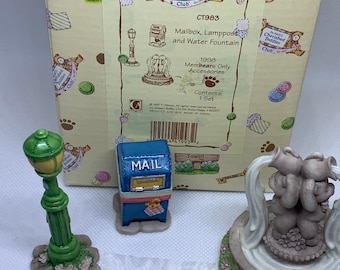 Cherished Teddies Accessories - Mailbox, Lamppost, Water Fountain Membears Only 1998