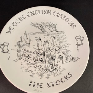 Vintage Burgess and Leigh Dessert Plate: Ye Olde English Customs, The Stocks