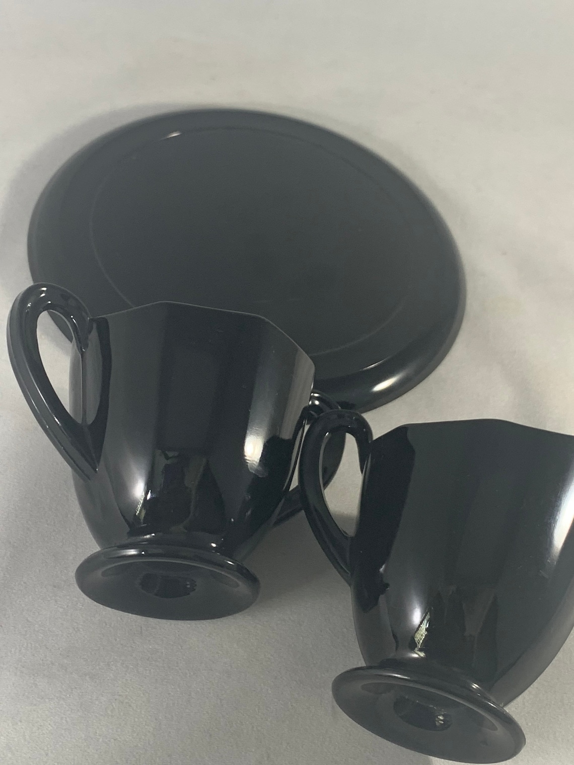 Black Glass Small Sugar Bowl Creamer and Tray Etsy UK
