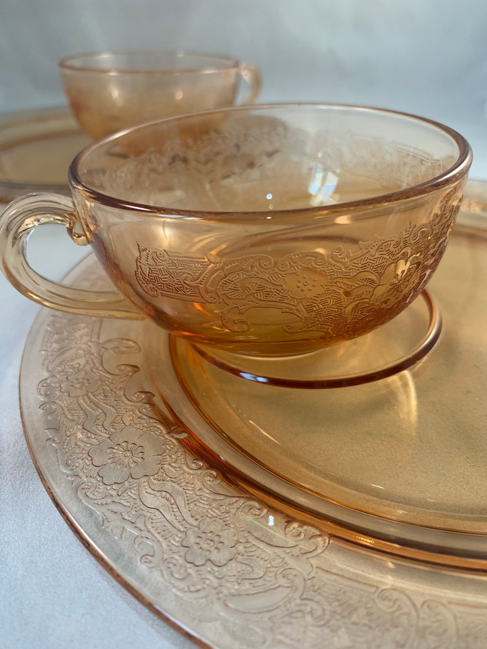 Luncheon Set for Two Orange Glass Floral Etched Plate and Cup Etsy