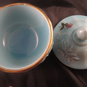 House of Fuller Blue Covered Dish with Raised Rose and Decal Design