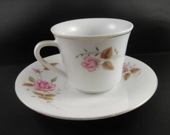 Pink Rose Design Cup and Saucer White China Gold Trim Made in China