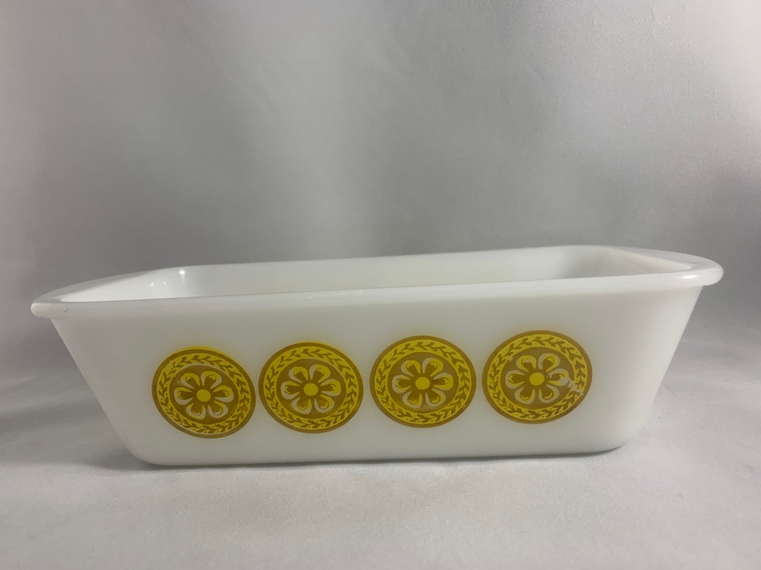 Glasbake Milk Glass Loaf Pan Yellow Floral Medallion Design Etsy