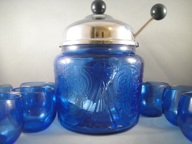 Blue Royal Lace Depression Glass Toddy or Hot Cider Set