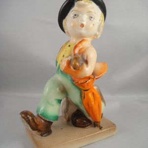 Figurine Blonde Boy Carrying Suitcase and an Umbrella Made in Japan