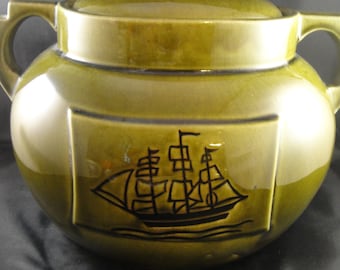 Green Crock or Cookie Jar With Ship Two Handled Heavy