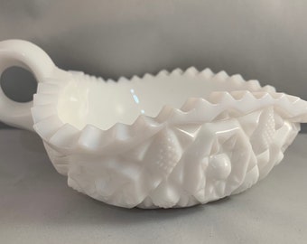 Milk Glass Small Bowl One Handle Sawtooth Scalloped Edge Quilted Starburst Design