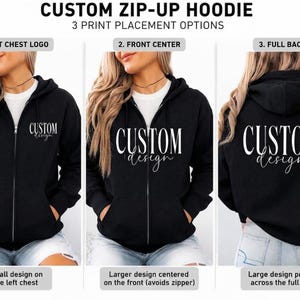 Puede incluir: Una sudadera negra con cremallera que ofrece tres opciones de colocación de estampado: un logotipo pequeño en el pecho izquierdo, un diseño grande centrado en la parte delantera o un diseño grande en toda la espalda. El texto CUSTOM design es blanco.