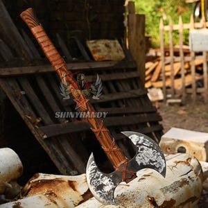 Handmade Carbon Steel Double Headed Large Berserker Axe, Two Handed Axe, two handed hand forged axe, handmade hatchet with leather sheath