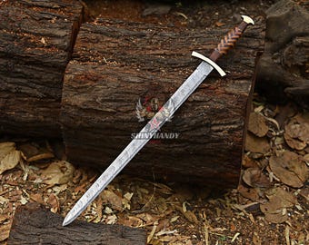 Damascus Steel Viking Sword – Handcrafted Medieval Long Sword with Leather Scabbard