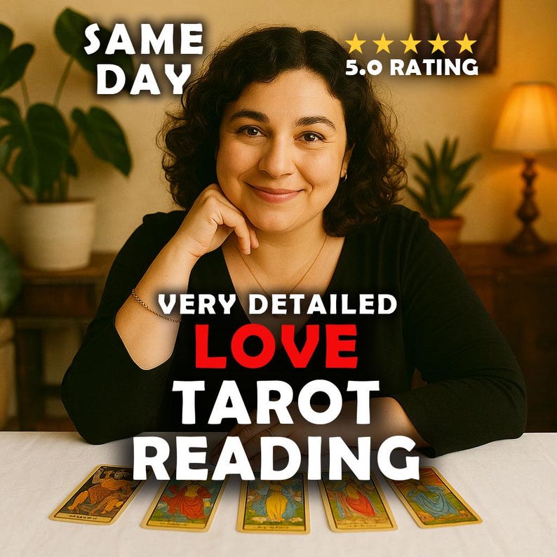 May include: A woman smiles in front of a table with tarot cards. Text on the image reads "SAME DAY", "VERY DETAILED LOVE TAROT READING", and "5.0 RATING". The woman is wearing a black top and a gold necklace.