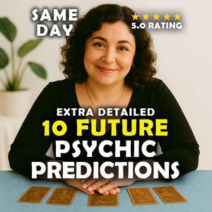 May include: A smiling woman with dark hair and a black top is centered in the image. Text reads "EXTRA DETAILED 10 FUTURE PSYCHIC PREDICTIONS." Five tarot cards are on a blue surface. The image also includes "SAME DAY" and "5.0 RATING" text.