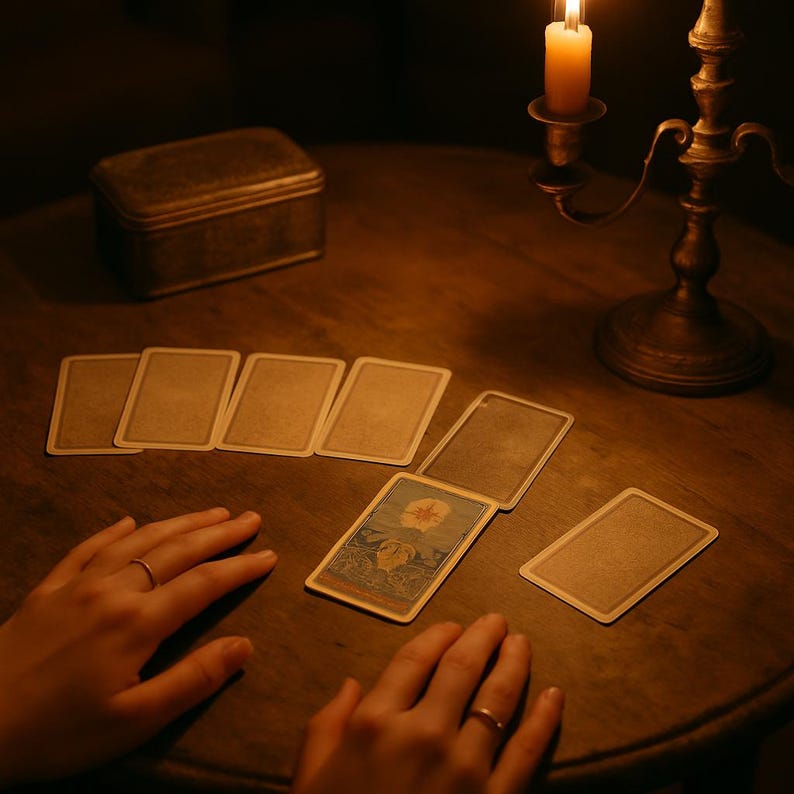 May include: A dimly lit scene featuring tarot cards laid out on a wooden table. A lit candle sits in a decorative holder. A small, antique-looking box is also on the table. The cards are arranged for a reading, with one card face up.