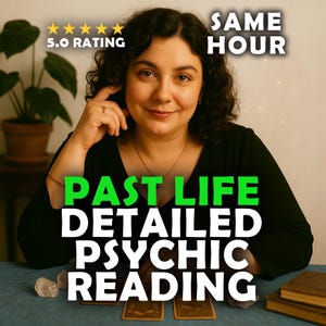 Può includere: Immagine di una donna sorridente con capelli ricci scuri, con il testo "PAST LIFE DETAILED PSYCHIC READING". Il testo "5.0 RATING" e "SAME HOUR" è presente.