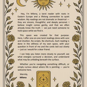 May include: A beige card with a decorative border featuring a sun, moon, stars, and floral elements. The card contains text about tarot readings, with the name "Milena" at the bottom. The overall design has a vintage aesthetic.