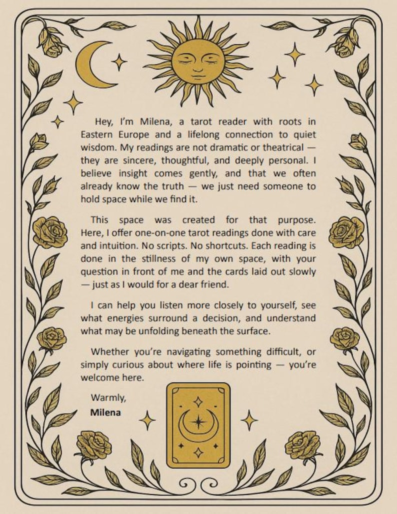 May include: A beige card with a decorative border featuring a sun, moon, stars, and floral elements. The card contains text about tarot readings, with the name "Milena" at the bottom. The overall design has a vintage aesthetic.