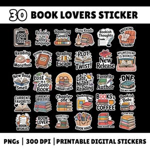 Book Lover Digital Sticker Set - 30 PNG Files, 300 DPI, Transparent Background, Instant Download