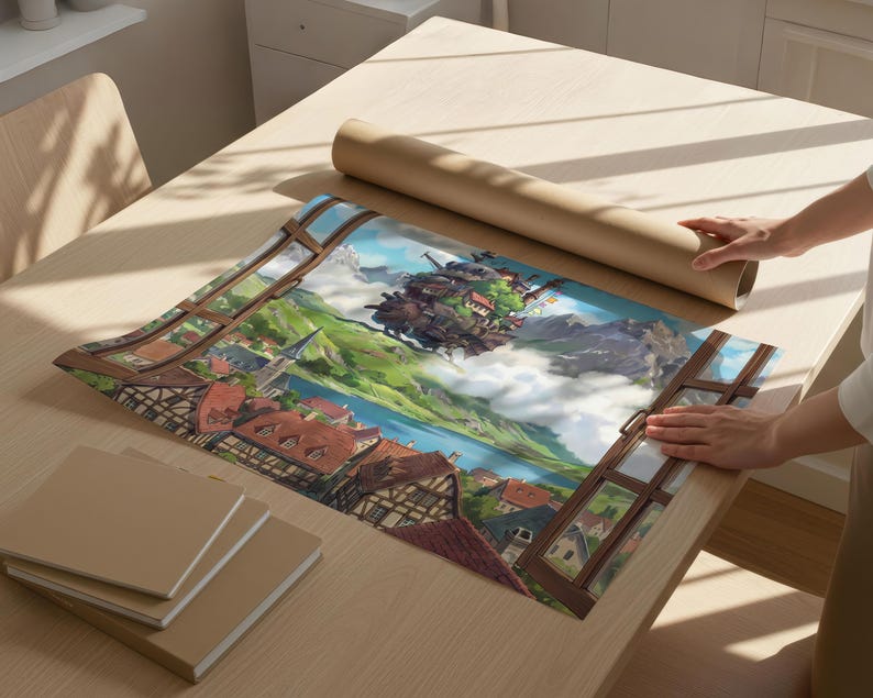 May include: A rolled poster depicting a fantasy landscape with a town, mountains, and a lake. The poster is on a wooden table with a stack of notebooks. The scene is viewed through a window frame.