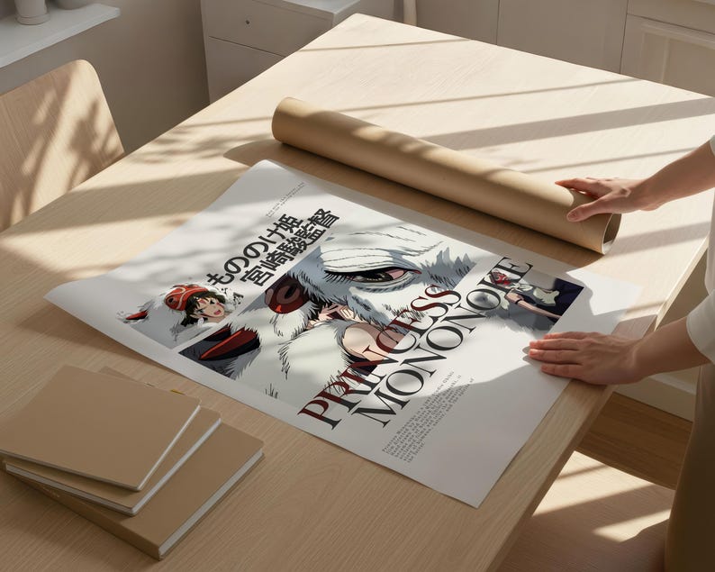 May include: A poster featuring the title "PRINCESS MONONOKE" in large, bold letters, with Japanese text above. The poster is laid out on a light-colored wooden table, next to a rolled-up brown paper tube.