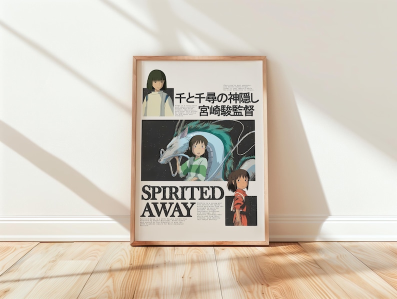 May include: Framed poster featuring artwork from the animated film "Spirited Away." The poster has a beige background with Japanese text and illustrations of characters and a dragon. The title "Spirited Away" is printed in large, bold letters.