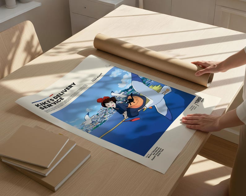 Puede incluir: Un p&oacute;ster de "Nicky, la aprendiz de bruja" con el texto del t&iacute;tulo. La obra de arte representa a una joven volando en una escoba sobre un cielo azul. Tambi&eacute;n se ve un tubo de papel marr&oacute;n enrollado y varios cuadernos cuadrados marrones.