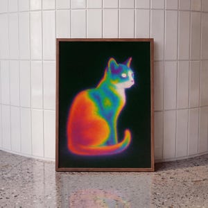 May include: A framed wall art print featuring a thermal imaging style illustration of a sitting cat. The cat is rendered in vibrant, glowing rainbow colors including red, orange, yellow, green, and blue against a solid, dark black background.