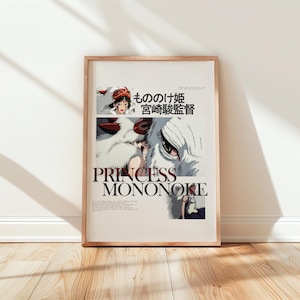 May include: A framed poster featuring the title "PRINCESS MONONOKE" in large, bold letters. The artwork includes illustrations of characters and a wolf-like creature. Japanese text is also present. The poster is displayed against a white wall and wooden floor.
