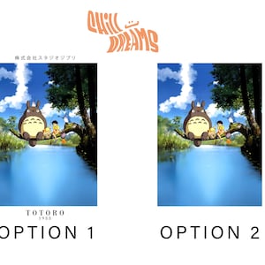 May include: Two options for a poster featuring Totoro and other characters from the animated film. The image shows Totoro sitting on a tree branch over a body of water. The sky is blue with clouds.