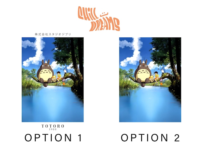 May include: Two options for a poster featuring Totoro and other characters from the animated film. The image shows Totoro sitting on a tree branch over a body of water. The sky is blue with clouds.