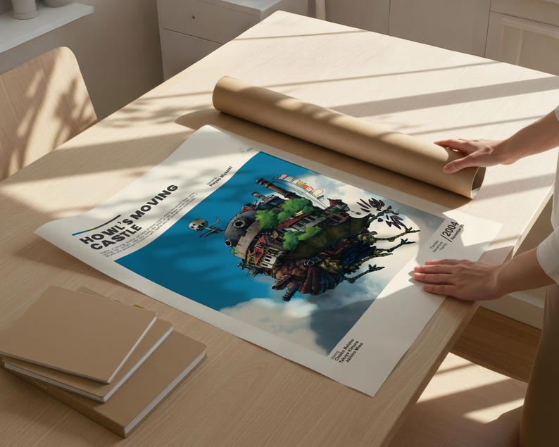 May include: A poster of Howl's Moving Castle, featuring a colorful illustration of the castle in the sky. The poster is on a wooden table with a rolled-up brown paper tube and a stack of beige notebooks.