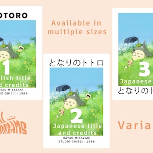May include: Three poster variants featuring artwork from the animated film "My Neighbor Totoro." Each poster displays a scene with Totoro, a large forest spirit, and children in a grassy field. The posters include text in English and Japanese.