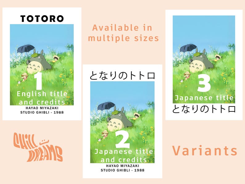 May include: Three poster variants featuring artwork from the animated film "My Neighbor Totoro." Each poster displays a scene with Totoro, a large forest spirit, and children in a grassy field. The posters include text in English and Japanese.