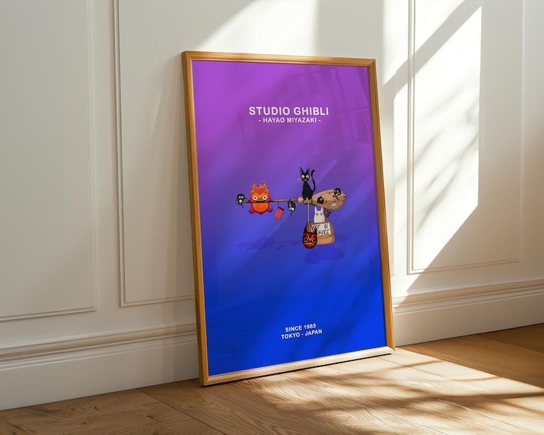 May include: A framed poster featuring Studio Ghibli characters against a gradient purple and blue background. The poster includes the text "STUDIO GHIBLI - HAYAO MIYAZAKI" and "SINCE 1985 TOKYO JAPAN". The artwork depicts animated characters.