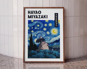 Totoro Van Gogh Mashup Poster, Studio Ghibli Anime Art, Whimsical Japanese Nursery Wall Decor, My Neighbor Totoro Illustration, Starry Sky