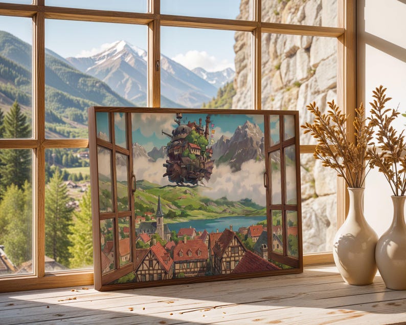 May include: A framed artwork showing a fantastical floating castle above a village, with mountains and a lake in the background. The artwork is displayed near a window with a mountain view, and two vases with dried plants.