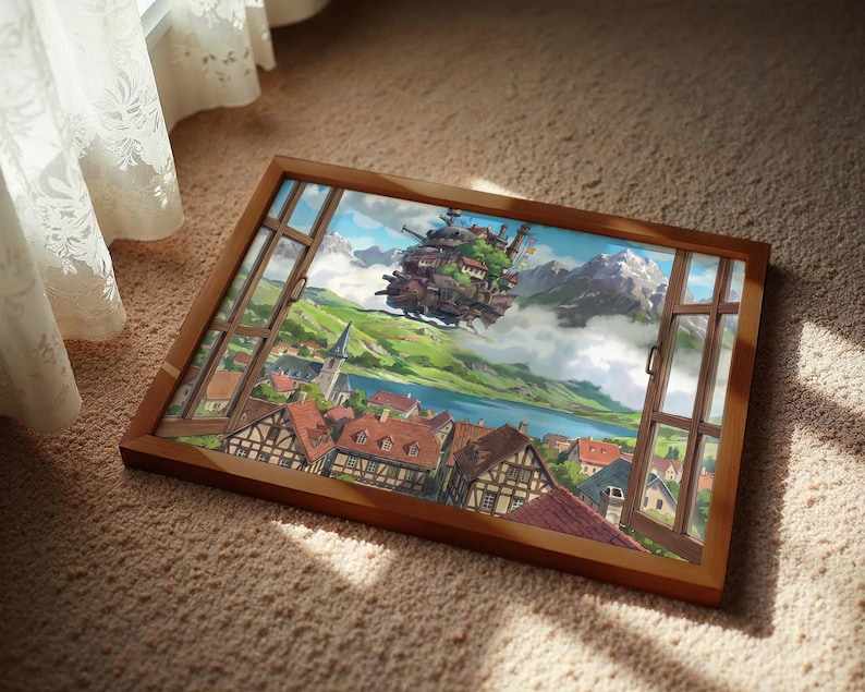 May include: A framed print showing a colourful landscape with a village, lake, and mountains. A fantastical floating castle is in the sky. The image is viewed through a wooden window frame. The rooftops are red-tiled.