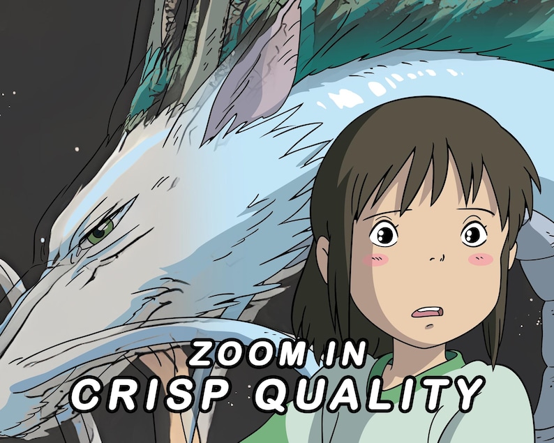 May include: An anime-style illustration showing a young girl with brown hair and a concerned look, next to a large, white dragon. The text "ZOOM IN CRISP QUALITY" is at the bottom.
