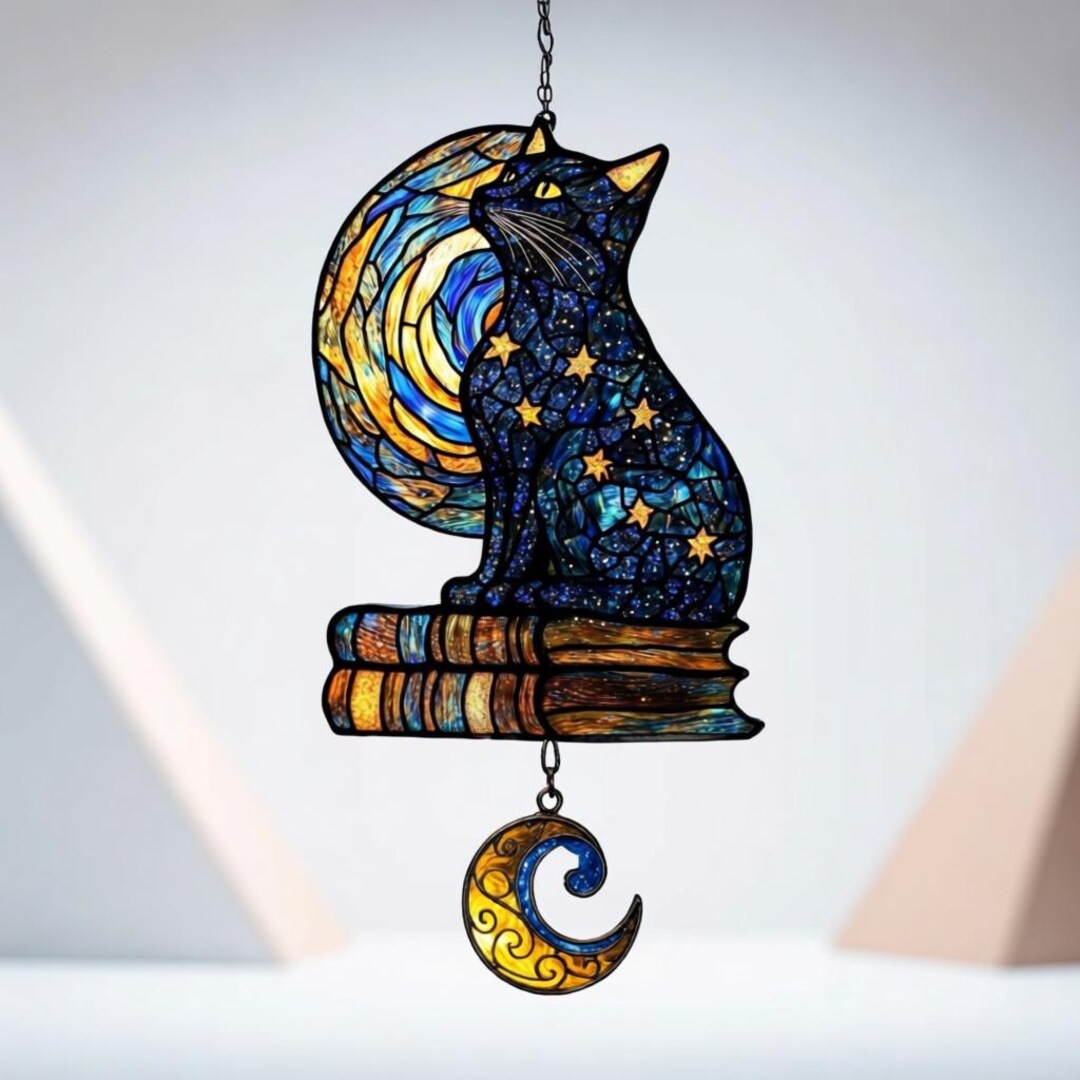 Black Cat on Books Suncatcher Van Gogh Starry Night Decor Acrylic ...