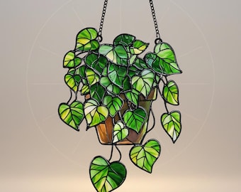 Handmade Resin Potted Plant Window Suncatcher, Green Ivy Leaves Faux Stained Glass Hanging Art, Unique Plant Lover Gift