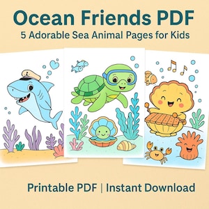 Ocean Friends Coloring PDF – 5 Cute Sea Animal Coloring Pages for Kids – Digital Download