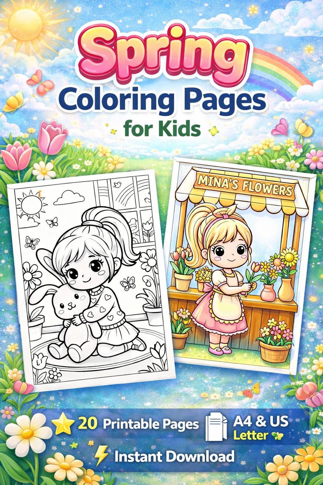Spring Coloring Pages for Kids, Girl Spring Activities, Flower Garden ...