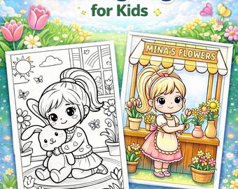 Spring Coloring Pages for Kids, Girl Spring Activities, Flower Garden Activities (Instant Download)
