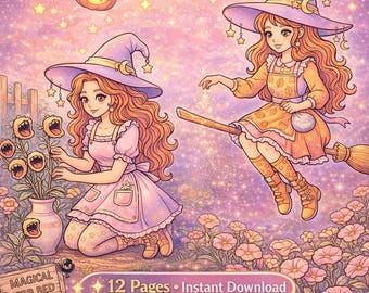 Kawaii Witch Coloring Pages, 12 Printable Sheets (Digital Download)