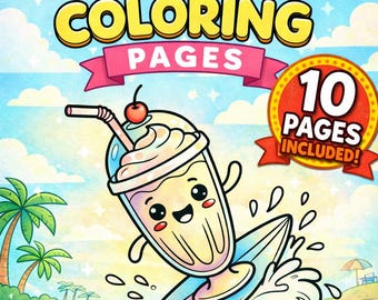 Kawaii Summer Food Coloring Pages, Kids Ice Cream Dessert Book (10 Pages) (Instant Download)
