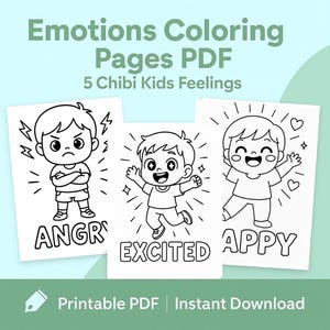 Emotions Coloring Pages PDF – 5 Chibi Kids Feelings – Instant Download