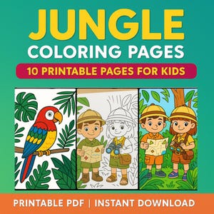 Jungle Coloring Pages – 10 Printable Pages for Kids | Safari Animal Coloring Book | Instant Download PDF